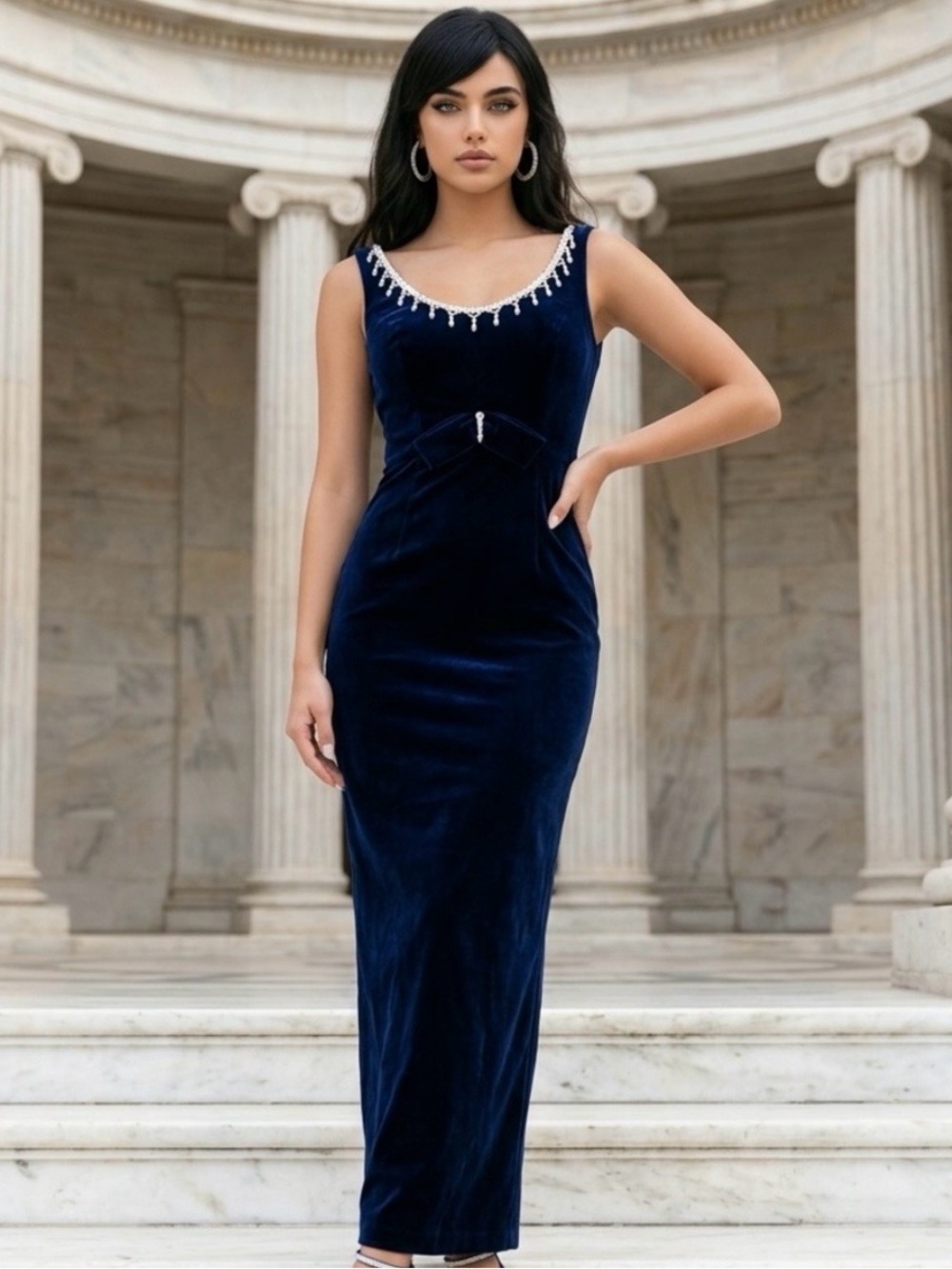 Vintage Holt Renfrew Elegant Blue Evening Maxi Dress Gown Pearl 
Beads-S